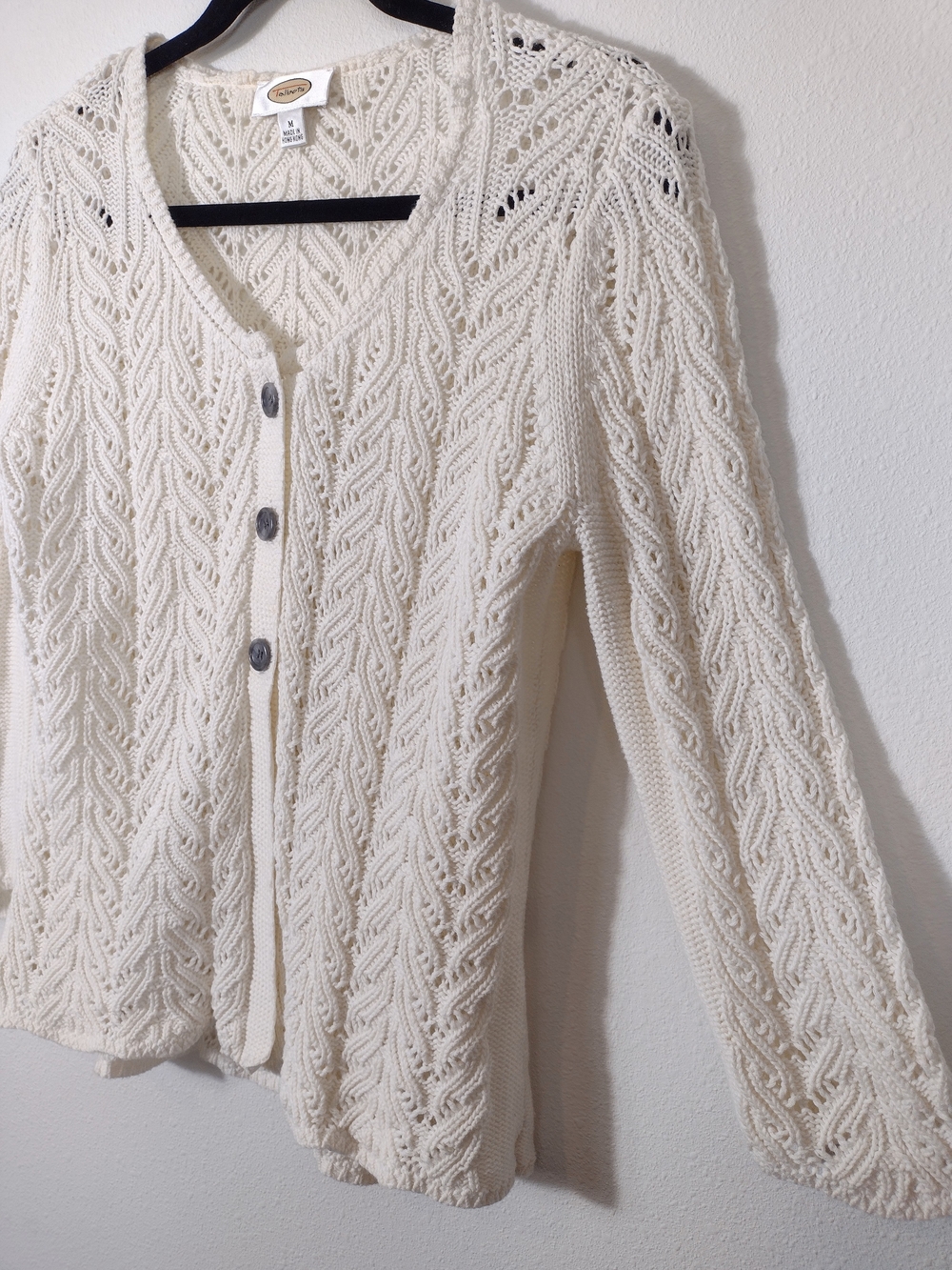 Vintage Talbots Top Button Split Placket Pointelle Knit 7/8 Sleeve Cardigan - Picture 5 of 13